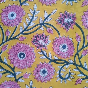Poppy Yellow , Pink & Green Hand block print, floral print, soft cotton fabric