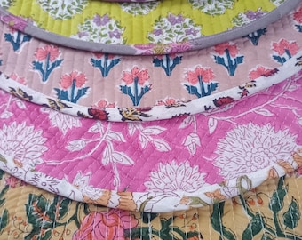 Set of 2 Round Quilted Cotton Placemats: Block Printed Boho Decor