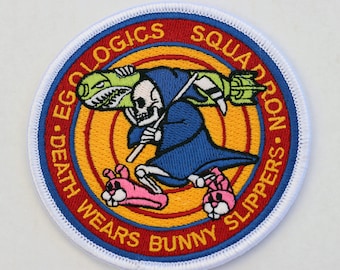 Death Wears Bunny Slippers embroidered iron-on Grim Reaper Bomb Squad EGOLOGICS patch