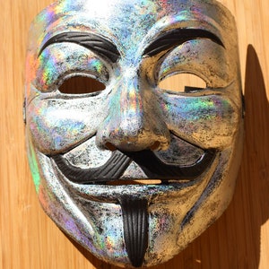Distressed Holographic metallic Guy Fawkes V for Vendetta Anonymous Custom hand Painted Mask Occupy Protest Rave