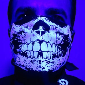 Black Bandana with INDIGLOW BLUE GLOW in the dark Skull Half Face Mask Shield Raver Dust Gaiter neck warmer