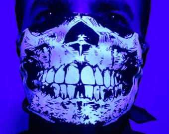 Black Bandana with INDIGLOW BLUE GLOW in the dark Skull Half Face Mask Shield Raver Dust Gaiter neck warmer