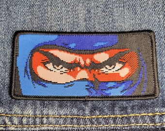 Ninja Gaiden EYES Cut Scene 8-bit NES Nintendo Woven iron-on patch Ryu Hayabusa Ryukenden pixel art video game retro throwback Japan shinobi