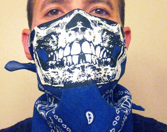 ROYAL BLUE paisley half white skull face mask bandanas neck warmer dust scarf biker Cholo Vato LA West Coast