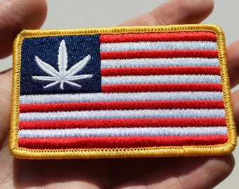 United States of hemp American Flag embroidered iron-on patch Red white and Blue 3.5in x 2.25in Weed leaf