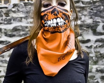 Burnt Harley Orange Skull Bandana: Glow-in-the-Dark Teeth Grillz Face Mask