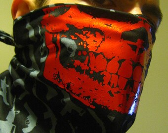 Red Metallic Chrome Foil Skull on black and Silver Machine gun print Bandana scarf wrap mask gaiter shooting airsoft paintball US Burningman