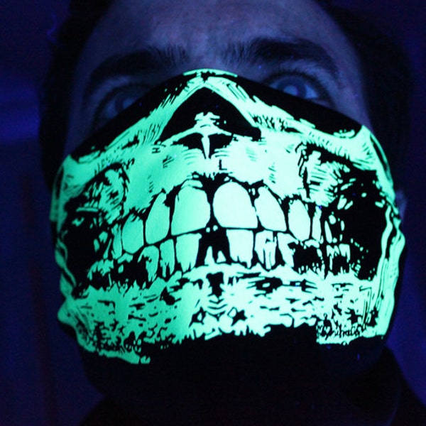 Dayglow Neon Green Black Light Reactive Skull on Black Bandana Neck Warmer Mask Rave Gaiter