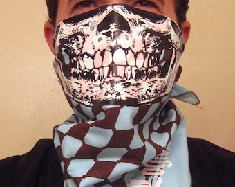 Baby Blue and brown Argyle diamond pattern Calavera Sugar Skull Bandana Mask neck warmer scarf clownsec clown checker Fashion