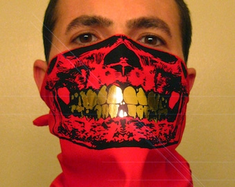 Blood Red ALL GOLD GRILL Bandana with Black Skull Mask Teeth scarf rave gaiter dust shield