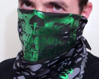 Metallic Green Skull on Silver Bomb Black Bandana print half face mask covering dust shield scarf post apacolyptic burning man scarf