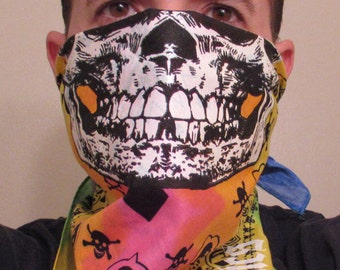 glow in the dark Rainbow Rave Skull face covering cotton washable bandana mask
