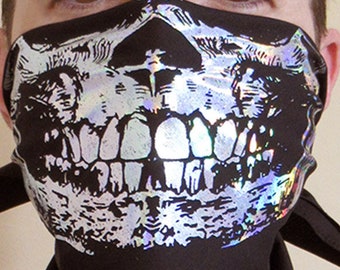 Holographic Chrome Silver Skull Face black Bandana half Psychedelic Rave Mask cyberpunk
