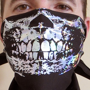 Maschera olografica in argento cromato con teschio, bandana nera, mezza maschera rave psichedelica cyberpunk