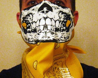 Yellow Paisley bandana with solid skull face rave mask scarf neck warmer dust shield gaiter wrap