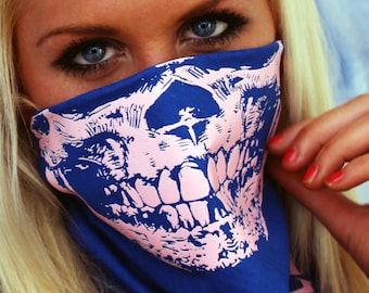 Pink Skull face On Blue Bandana Mask that Glows in the Dark a unique phosphorescent peach color Rave Party