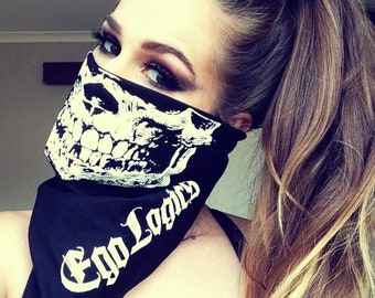 DETAILED half skull bandana face mask Black and White cotton