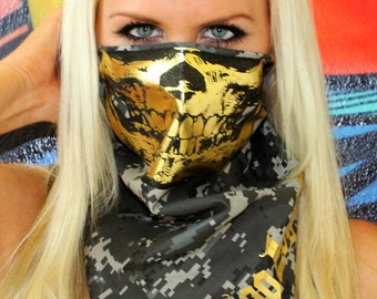 Urban Military subdued Digital camo and Gold Skull bandana Mask grey camouflage militia digicamo dust shield half face warmer neck gaiter