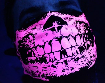 Dayglow Neon Hot Pink Black Light Reactive Skull Bandana Black Neck Warmer Mask