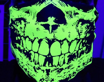 Dayglow Neon SAFETY YELLOW Black Light UV Reactive Skull Bandana Black Neck Warmer dust Mask Cotton Rave Plur Gaiter cyberpunk edm Festival
