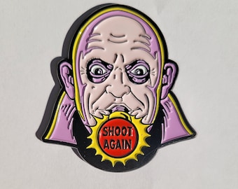 SHOOT AGAIN Uncle Fester The Addams Family PinBall Enamel Pin lapel 90s