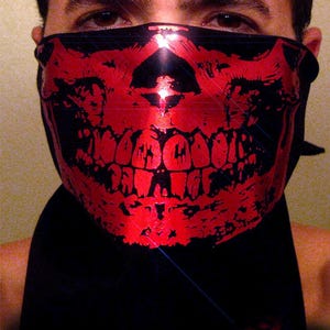Devil Red Chrome Skull Face Black Bandana Mask Biker Dust Shield Wrap Scarf metallic blood crimson tattoo calavera evil club