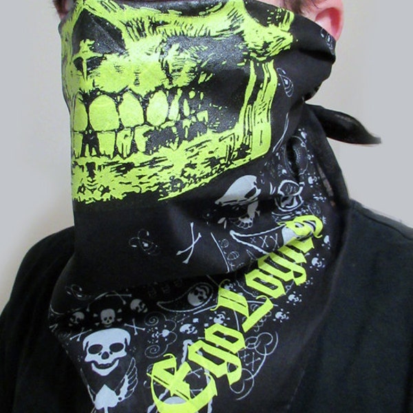 NIGHTRAVER Neon sécurité jaune Black Light UV Reactive Skull sur bandana noir avec avec paisley Neck Warmer Mask Rave Plur Gaiter gothique edm