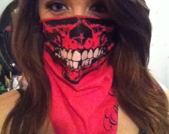 Fuchsia Neon Pink Bandana Sugar Skull Face Mask with Glow in the Dark Teeth Festival Gear