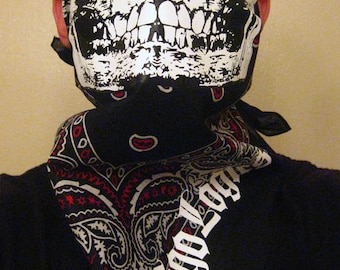Red and White Paisley on Black bandana with white solid  half skull face bandit mask gaiter scarf wrap biker ski snowboard airsoft paintball
