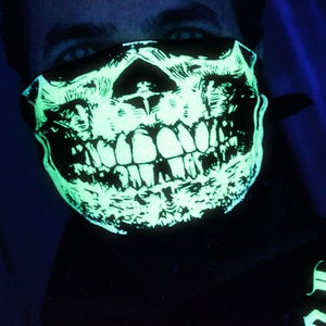 NEW SUPER GLOW in the dark Skull Half Face Black Bandana Mask Neck Warmer Dust Neck Shield dubstep raver rave gaiter goth punk Halloween image 1