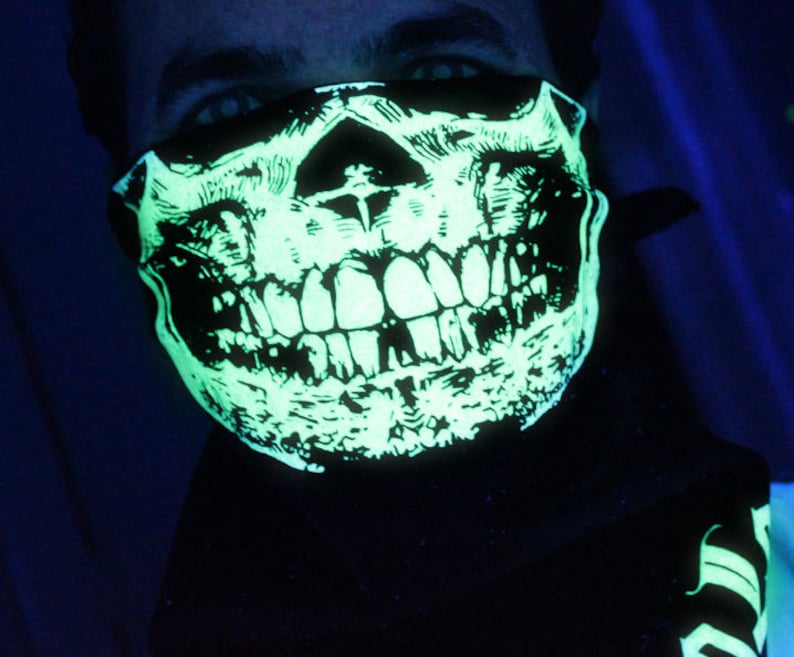 NEW SUPER GLOW in the dark Skull Half Face Black Bandana Mask Neck Warmer Dust Neck Shield dubstep raver rave gaiter goth punk Halloween image 1