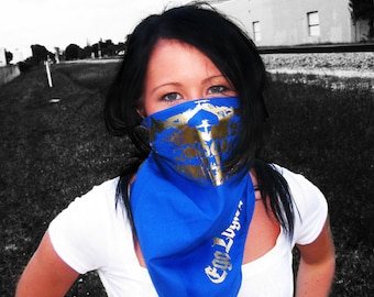 Blue Cotton Bandana With All Solid Gold Foil Skull Mask Scarf Wrap