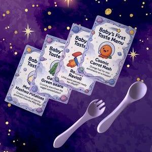 Primeiras Provas do Bebê – Cartões de Marcos com Tema Espacial | Lembrança para Imprimir | Cartões de Comida da Galáxia | Download Digital para Memórias de Desmame