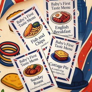 Primeiros Sabores do Bebê - Cartões de Eventos do Cardápio Britânico | Lembrança de Bebê com Tema de Comida para Imprimir | Peixe com Batatas Fritas, Torta de Carne Moída, Assado de Domingo etc.