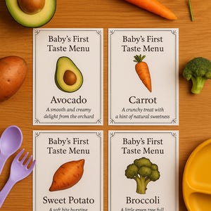 Primeiros Sabores do Bebê – Cartões de Marcos Vegetarianos | Lembrança de Desmame para Imprimir | Abacate, Cenoura, Brócolis, Batata-doce