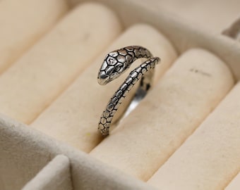 925 Sterling Silver Snake Ring – Adjustable Wrap Ring – Gothic Reptile Jewelry Gift For