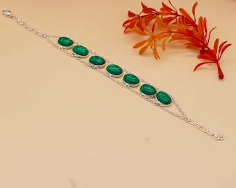 Pulsera de malaquita hecha a mano en plata de ley 925: joyería bohemia