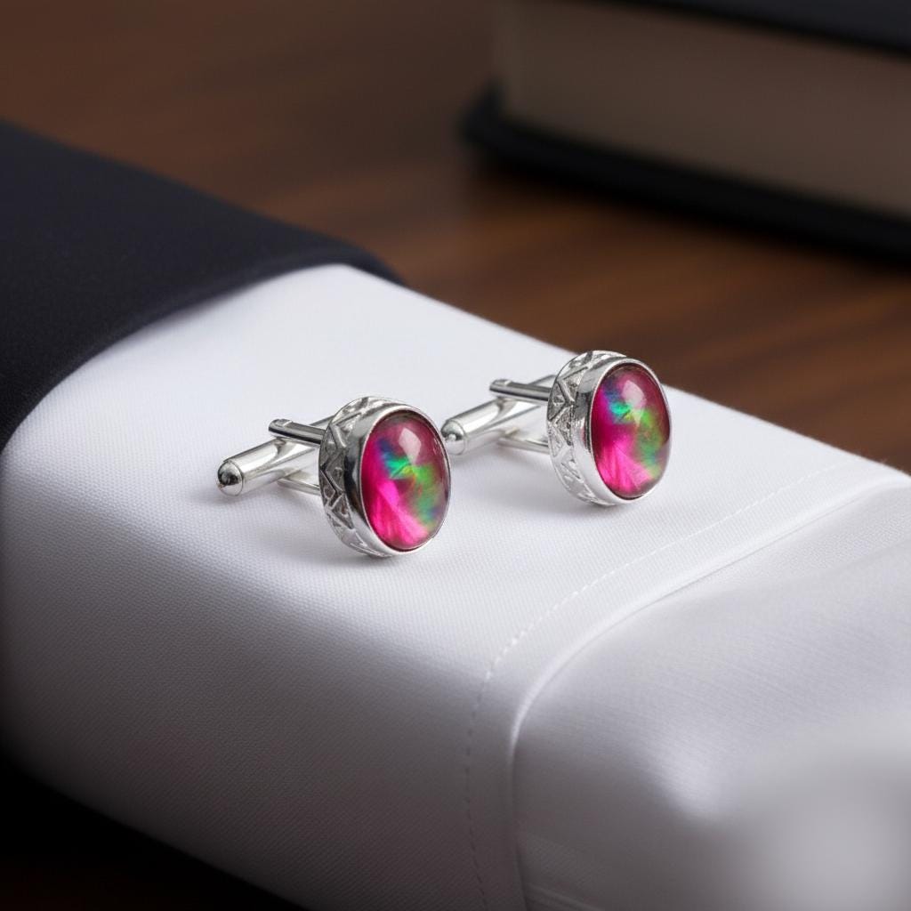 Vibrant Red Opal Fire Cufflinks, Sterling Silver Plated, Men's Accessory