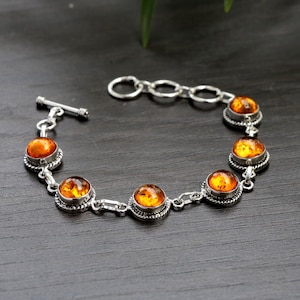 Baltic Amber Bracelet ,Sunset Gemstone, 925 Sterling Silver, Healing Jewelry, gift for Amber