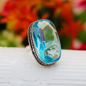 Vintage Style Aquamarine  Statement Ring | 925 Sterling Silver Adjustable Ring | Faceted Oval Cocktail Ring | Boho Antique Jewelry for Her