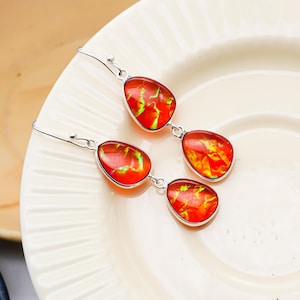 Fiery Orange Opal Drop Earrings: 925 Silver Handmade Dangle Jewelry