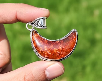 Baltic Amber Crescent Moon Pendant | 925 Sterling Silver  | Handmade Moon Jewelry Gift for Her