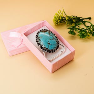 925 Sterling Silver Turquoise Belt Buckle | Oval Gemstone Western Buckle with Rope Border | Handmade Boho Cowboy Style Accessory MY4
