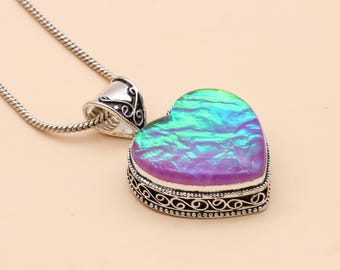 Heart Lab-Grown Opal Pendant, Sterling Silver, Green Purple Fire Necklace