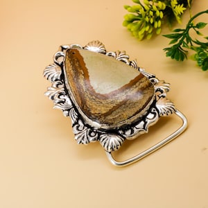 Teardrop Jasper Belt Buckle: Engraved Silver-Tone Western Accessory
