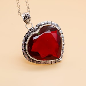 Faceted Garnet Pendant, Garnet 925 Sterling Silver Pendant Garnet Heart Gemstone Pendant Handmade Silver Jewelry Pendant For Gift DL10