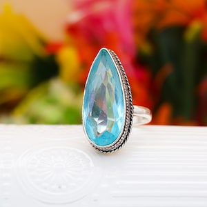 Teardrop Aquamarine Ring: Vintage Boho 925 Sterling Silver Statement