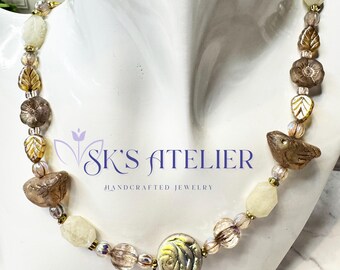 Handmade Necklace Czech Glass Birds, Sunset Moonstone, Flower and Leaf Beads, Women's Jewelry, Unique Gift