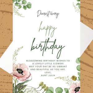 Cartão de aniversário floral para imprimir para crianças – Download instantâneo – Cartão digital de 5x7" – Tema de flores doces da tia