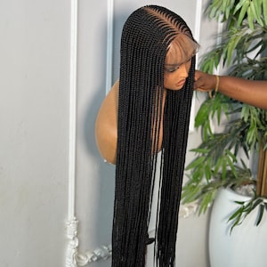 May include: A long, black braided wig featuring a centre part with intricate, thin cornrow-style braids that transition into individual, waist-length box braids. The wig is displayed on a mannequin head with a visible lace front hairline.